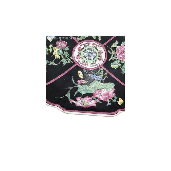Vintage Asian Botanical Floral Octagonal Display Plate Black Porcelain - Picture 2 of 4